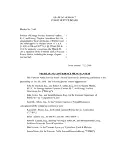 STATE OF VERMONT PUBLIC SERVICE BOARD Docket No[removed]Petition of Entergy Nuclear Vermont Yankee, LLC, and Entergy Nuclear Operations, Inc., for