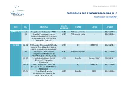 Última atualização em: [removed]PRESIDÊNCIA PRO TEMPORE BRASILEIRA 2015 CALENDÁRIO DE REUNIÕES  ÓRGÃO