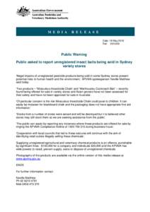 Media Release: Public asked to report unregistered insect baits being sold in Sydney variety stores