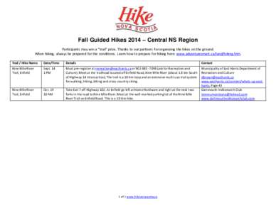 Fall Guided Hikes 2014 – Central NS Region Participants may win a “trail