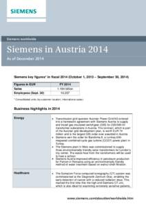 Siemens worldwide  Siemens in Austria 2014 As of DecemberSiemens key figures* in fiscalOctober 1, 2013 – September 30, 2014)