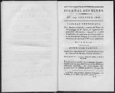 JOURNAL DES MINES. N°. 109. JANVIER 18o6. TABLEAU MÉTHODIQUE DES Espèces minérales, extrait du Traité de Minéralogie de M. Haiiy,, et augmenté des nouvelles découvertes ; auquel on a joint