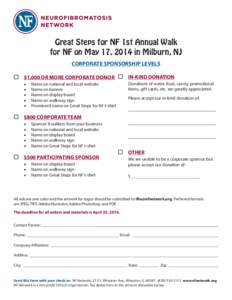 Great Steps for NF 1st Annual Walk for NF on May 17, 2014 in Milburn, NJ CORPORATE SPONSORSHIP LEVELS 	$1,000 OR MORE CORPORATE DONOR 	IN-KIND DONATION