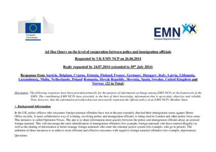 Ad Hoc Query on the level of cooperation between police and immigration officials Requested by UK EMN NCP on[removed]Reply requested by[removed]extended to 30th July[removed]Responses from Austria, Belgium, Cyprus, 