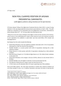 29th March[removed]NEW POLL CLARIFIES POSITION OF AFGHAN PRESIDENTIAL CANDIDATES: 3,200 Afghans polled on voting intentions for the April elections