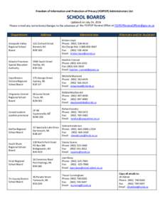 Freedom of Information and Protection of Privacy (FOIPOP) Administrators List  SCHOOL BOARDS Updated on July 24, 2014 Please e-mail any corrections/changes to the attention of the FOIPOP Review Office at FOIPOPReviewOffi