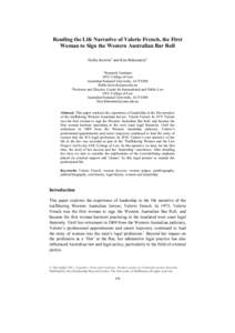 Reading the Life Narrative of Valerie French, the First Woman to Sign the Western Australian Bar Roll Hollie Kerwin1 and Kim Rubenstein2 1 Research Assistant ANU College of Law,