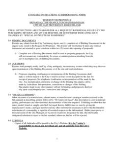 STANDARD INSTRUCTIONS TO BIDDERS (LONG FORM) REQUEST FOR PROPOSALS DEPARTMENT OF FINANCE, PURCHASING DIVISION CITY OF EAST PROVIDENCE, RHODE ISLAND THESE INSTRUCTIONS ARE STANDARD FOR ALL REQUEST FOR PROPOSALS ISSUED BY 