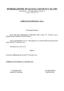 Microsoft Word[removed]Revoca affiliazione Piacenza FC SpA .doc