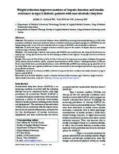 Weight reduction improves markers of hepatic function and insulin resistance in type-2 diabetic patients with non-alcoholic fatty liver Al-Jiffri O1, Al-Sharif FM1, *Abd El-Kader SM2, Ashmawy EM2