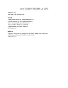 MIAMI UNIVERSITY HAMILTON 4, IU EAST 3 October 5, 2014 Glen Miller Park, Richmond, Ind. SINGLES 1. Katie Dunlap (MUH) def. Brittany Hethcox 6-1, [removed]Jordyn Bowman (IUE) def. Natalie Lakes 6-0, 6-1