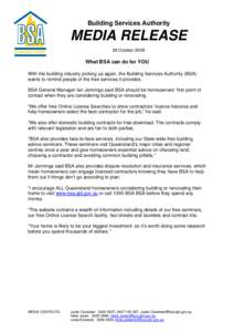 Building Services Authority  MEDIA RELEASE 29 October[removed]What BSA can do for YOU