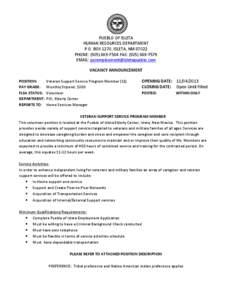 PUEBLO OF ISLETA HUMAN RESOURCES DEPARTMENT P.O. BOX 1270, ISLETA, NM[removed]PHONE: ([removed]FAX: ([removed]EMAIL: [removed] VACANCY ANNOUNCEMENT