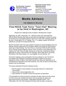 Media Advisory - Final NCUA Task Force “Town Hall” Meeting to be Held in Washington, DC