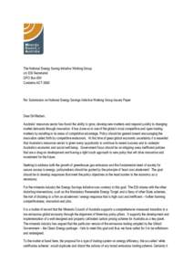 The National Energy Saving Initiative Working Group c/o ESI Secretariat GPO Box 854 Canberra ACT[removed]Re: Submission on National Energy Savings Initiative Working Group Issues Paper