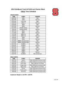 2014	
  Wolfpack	
  Track	
  &	
  Field	
  Last	
  Chance	
  Meet FINAL	
  Time	
  Schedule TRACK	
  EVENTS TIME EVENT 6:00	
  PM