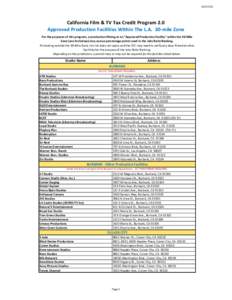 California Film & TV Tax Credit Program 2.0 Approved Production Facilities Within The L.A. 30-mile Zone For the purposes of this program, a production filming at an 