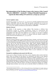 Brussels, 11th NovemberRecommendation of the Working Group on the Annexes of the Council DirectiveEC – Section II – Listing of Harmful Organisms as regards the future listing of Pseudomonas syringae p