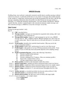 12 Mar, 2001  ARGOS Emails Profiling floats, once surfaced, continually transmit its profile data to satellites passing overhead until its next descent. A particular profile data set can contain 12 messages (the number d