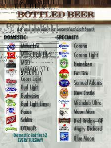 Ask your server about our seasonal and draft beers!  DOMESTIC Miller Lite Miller High Life MGD