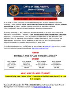YOUTH ARREST EXPUNGEMENT WORKSHOPS In an effort to assist our young citizens with cleaning their records, State Attorney Dave Aronberg’s team will host YOUTH ARREST EXPUNGEMENT WORKSHOPS on June 21, 2018 and again on J