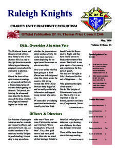 Raleigh Knights CHARITY UNITY FRATERNITY PATRIOTISM Official Publication Of Fr. Thomas Price Council 2546 May, 2010 Volume 13 Issue 11