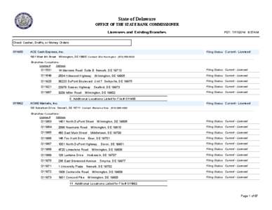 State of Delaware OFFICE OF THE STATE BANK COMMISSIONER Licensees and Existing Branches PDT: [removed]:57AM