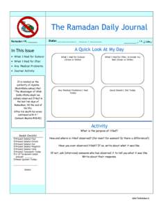 The Ramadan Daily Journal Ramadan 19, ______ In This Issue • What I Had for Suhoor • What I Had for Iftar