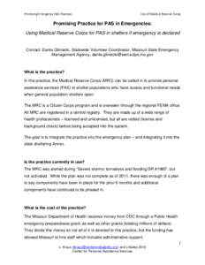 Promising Emergency PAS Practices  Use of Medical Reserve Corps Promising Practice for PAS in Emergencies: Using Medical Reserve Corps for PAS in shelters if emergency is declared