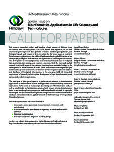 BioMed Research International Special Issue on Bioinformatics Applications in Life Sciences and Technologies  CALL FOR PAPERS