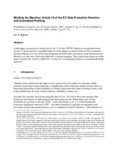 Minding the Machine: Article 15 of the EC Data Protection Directive and Automated Profiling [Published in Computer Law & Security Report, 2001, volume 17, pp. 17–24; also published in Privacy Law & Policy Reporter, 200