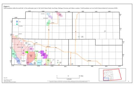 Figure 4.  Field boundaries within the south half of the southwestern part of the North Dakota Study Area (Slope, Hettinger, Bowman, and Adams counties). Field boundaries are from North Dakota Industrial Commission (2008