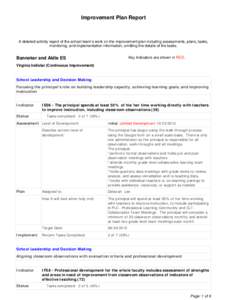 Improvement Plan Report  A detailed activity report of the school team’s work on the improvement plan including assessments, plans, tasks, monitoring, and implementation information, omitting the details of the tasks. 