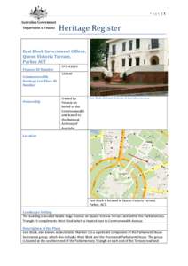 Heritage Register - East Block Government Offices, Queen Victoria Terrace, Parkes ACT