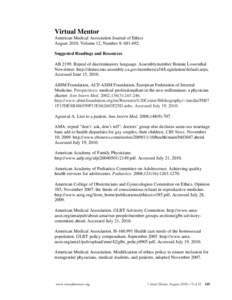 Virtual Mentor American Medical Association Journal of Ethics August 2010, Volume 12, Number 8: Suggested Readings and Resources ABRepeal of discriminatory language. Assemblymember Bonnie Lowenthal Newsle