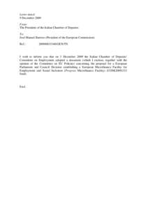 Letter dated: 9 December 2009 From: The President of the Italian Chamber of Deputies To: José Manuel Barroso (President of the European Commission)