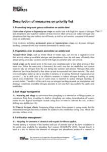 Description of measures on priority list 1. Promoting long-term grass cultivation on arable land Cultivation of grass or legume/grass crops on arable land with high/low inputs of nitrogen Page | 1 and phosphorus and high