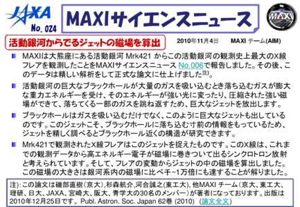 No.024  MAXI サイエンスニュース 活動銀河からでるジェットの磁場を算出