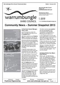 Warrumbungle Shire Council Community News  Edition 3 Summer 2013 Warrumbungle Shire Council PO Box 191