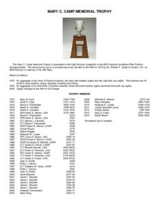 MARY C. CAMP MEMORIAL TROPHY  The Mary C. Camp Memorial Trophy is presented to the High Woman competitor in the NRA National Smallbore Rifle Position Championships. The silver loving cup on a wooden base was donated to t