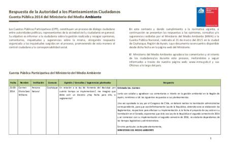 Respuesta de la Autoridad a los Planteamientos Ciudadanos Cuenta Pública 2014 del Ministerio del Medio AmbienteLas Cuentas Públicas Participativas (CPP), constituyen un proceso de diálogo ciudadano entre auto