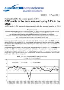 [removed]August[removed]Flash estimate for the second quarter of 2014 GDP stable in the euro area and up by 0.2% in the EU28
