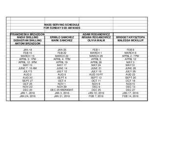 MASS SERVING SCHEDULE FOR SUNDAY 9:00 AM MASS FRANCHESKA BRZAZGON NADIA SHILLING SEBASTIAN SHILLING ANTONI BRZAZGON