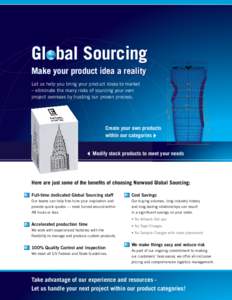 Gl bal Sourcing Make your product idea a reality Let us help you bring your product ideas to market – eliminate the many risks of sourcing your own project overseas by trusting our proven process.