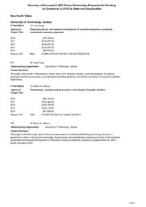 Summary of Successful ARC Future Fellowships Proposals for Funding to Commence in 2010 by State and Organisation New South Wales University of Technology, Sydney FT100100218