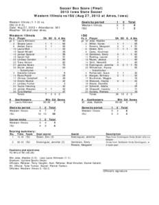 Soccer Box Score (Final[removed]Iowa State Soccer Western Illinois vs ISU (Aug 27, 2013 at Ames, Iowa) Western Illinois[removed]vs. ISU[removed]Date: Aug 27, 2013 • Attendance: 901