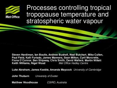 Processes controlling tropical tropopause temperature and stratospheric water vapour Steven Hardiman, Ian Boutle, Andrew Bushell, Neal Butchart, Mike Cullen, Paul Field, Kalli Furtado, James Manners, Sean Milton, Cyril M