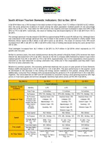 South African Tourism Domestic Indicators: Oct to Dec 2014 In Q4 2014 there was a 14% increase in the total number of trips taken, from 7,2 million in Q4 2013 to 8,2 million. Over the same period the incidence of travel 