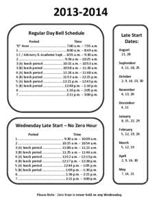 [removed]Regular Day Bell Schedule Period Time “0” Hour ....................................... 7:00 a.m. – 7:55 a.m. 1 ................................................... 8:00 a.m. – 8:49 a.m.