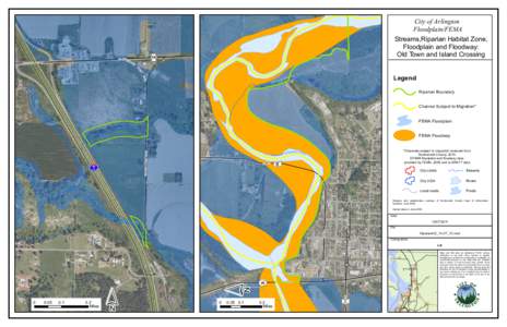 Arlington, WA - Aerial map of streams, riparian habitat zone, floodplain and floodway: Old Town and Island Crossing